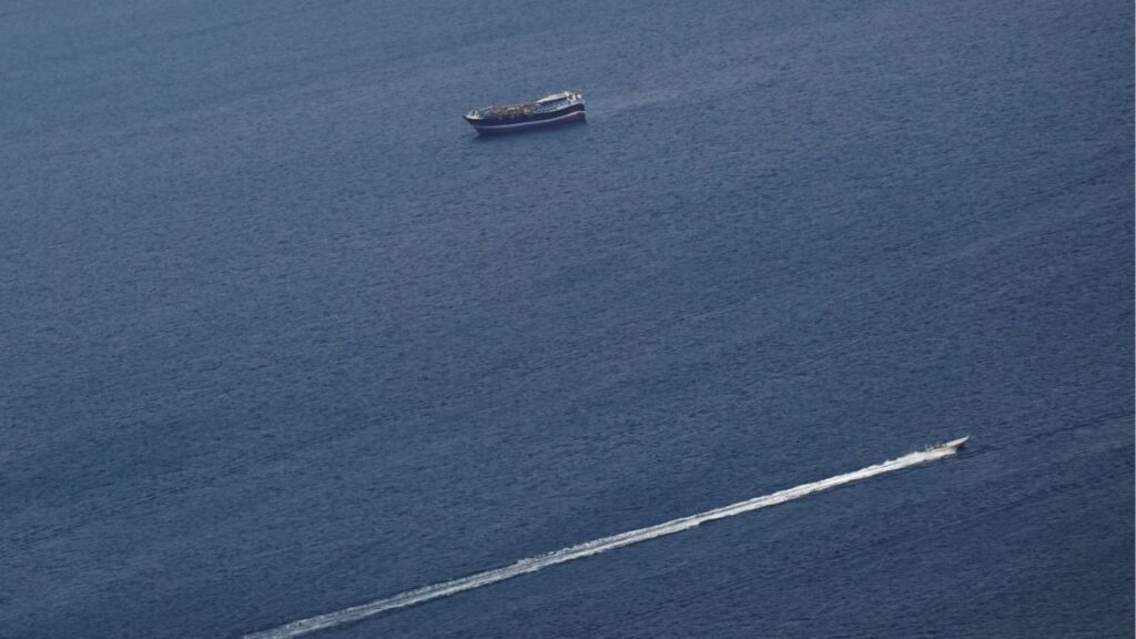 Boats in the Strait of Hormuz amid the U.S.-Israeli conflict with Iran, as seen from Musandam, Oman, March 2, 2026. (Reuters File)