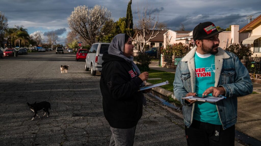 Image of liberal volunteer activists canvassing a neighborhood in Tulare, California