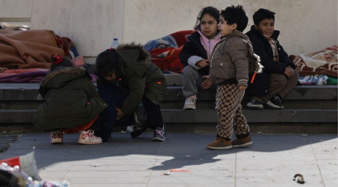 Children displaced from the southern suburbs of Beirut after the Israeli army's warning prompted residents to evacuate, following an escalation between Hezbollah and Israel amid the U.S.-Israeli conflict with Iran, rest at Martyrs' Square in Beirut, Lebanon, March 6, 2026. (Reuters/Khalil Ashawi)