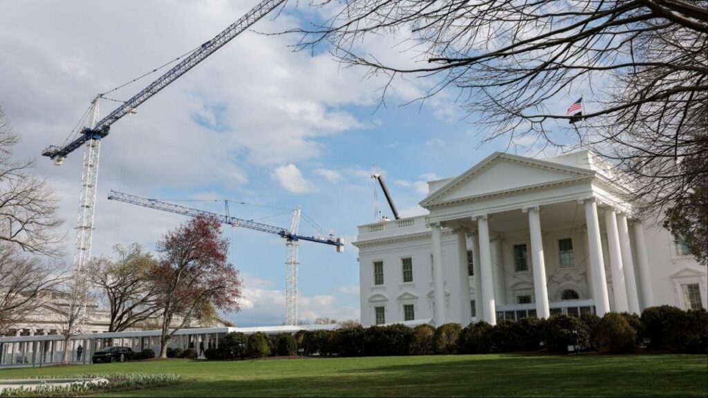 Construction cranes work on White House East Wing renovations in Washington, D.C., U.S., March 17, 2026. (Reuters/Kylie Cooper)