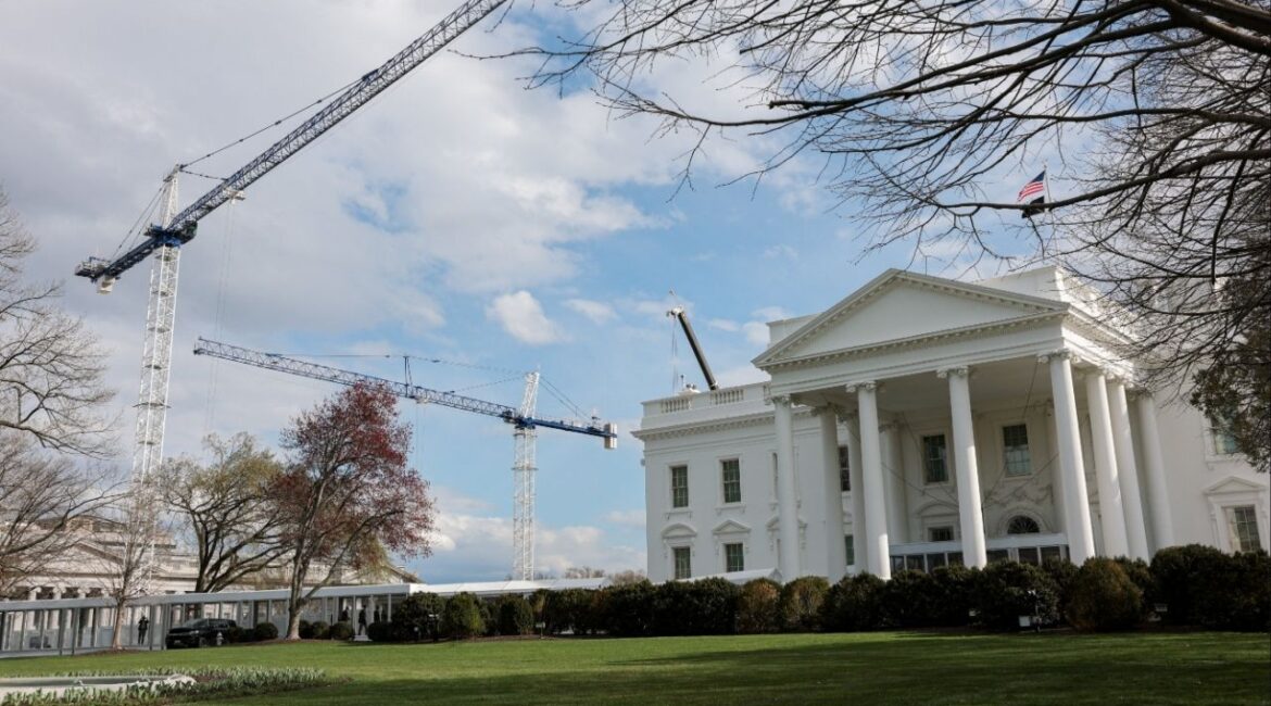 Construction cranes work on White House East Wing renovations in Washington, D.C., U.S., March 17, 2026. (Reuters/Kylie Cooper)