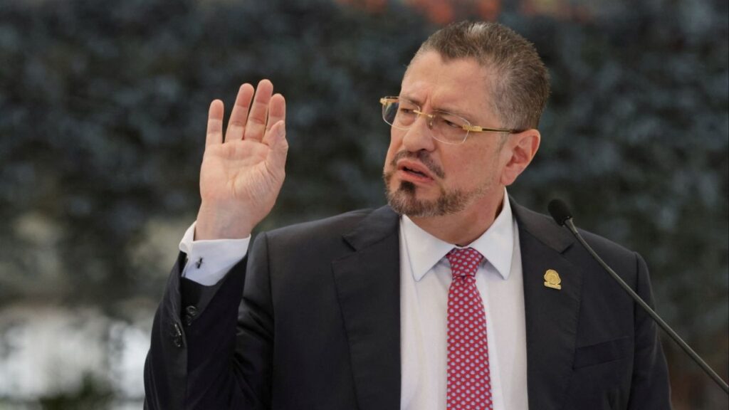 Costa Rica's President Rodrigo Chaves speaks during a press conference with president-elect Laura Fernandez at the presidential house, in San Jose, Costa Rica, February 4, 2026. (Reuters/Mayela Lopez)