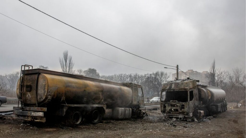 Damaged oil trucks in an oil storage facility after overnight strikes by U.S. and Israeli forces in Tehran, Iran, Sunday, March 8, 2026. The Israeli military struck several Iranian fuel sites, including oil storage depots, this weekend, which appeared to be the first attacks on the country’s energy infrastructure since the U.S.-Israeli war on Iran began. (Arash Khamooshi/The New York Times)