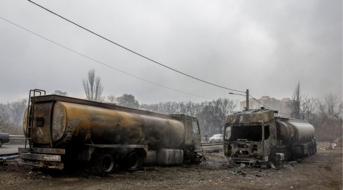 Damaged oil trucks in an oil storage facility after overnight strikes by U.S. and Israeli forces in Tehran, Iran, Sunday, March 8, 2026. The Israeli military struck several Iranian fuel sites, including oil storage depots, this weekend, which appeared to be the first attacks on the country’s energy infrastructure since the U.S.-Israeli war on Iran began. (Arash Khamooshi/The New York Times)