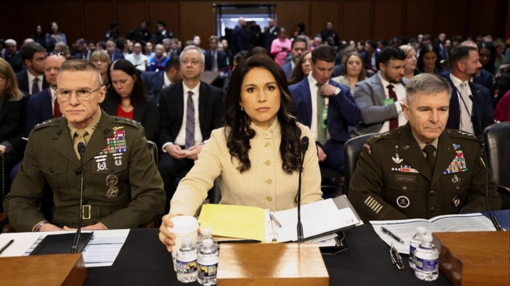 Defense Intelligence Agency Director Lt. Gen. James Adams, Director of National Intelligence (DNI) Tulsi Gabbard and Acting National Security Agency Director Lt. Gen. William Hartman testify before a Senate Intelligence Committee hearing on Capitol Hill in Washington, D.C., U.S., March 18, 2026. (Reuters/Kevin Lamarque)