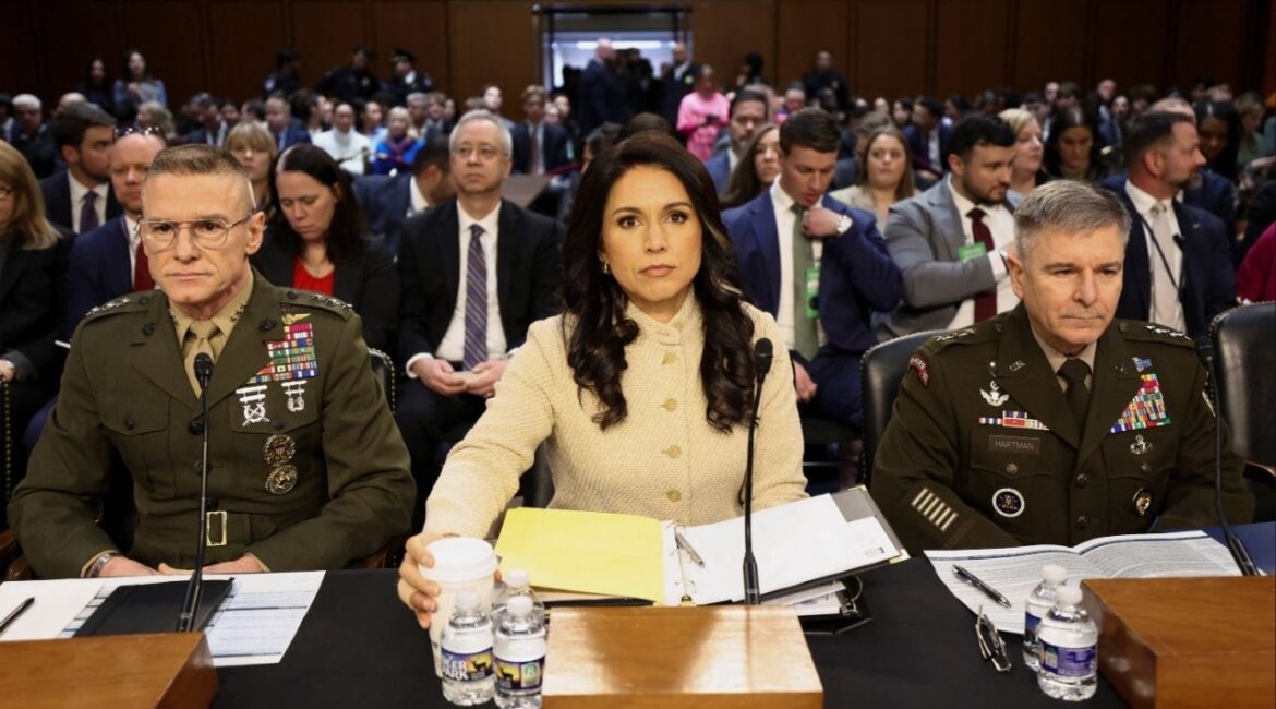 Defense Intelligence Agency Director Lt. Gen. James Adams, Director of National Intelligence (DNI) Tulsi Gabbard and Acting National Security Agency Director Lt. Gen. William Hartman testify before a Senate Intelligence Committee hearing on Capitol Hill in Washington, D.C., U.S., March 18, 2026. (Reuters/Kevin Lamarque)