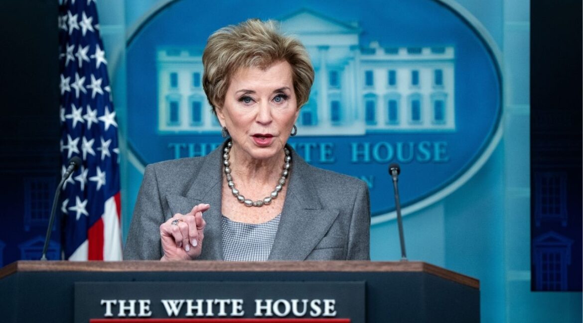 Education Secretary Linda McMahon speaks during a news conference at the White House in Washington, Nov. 20, 2025. Several states sued the Trump administration on Wednesday, March 11, 2026, over its mandate that colleges share with the federal government detailed student and admissions data, which the government has said is meant to ensure schools are not using racial preferences. (Haiyun Jiang/The New York Times)