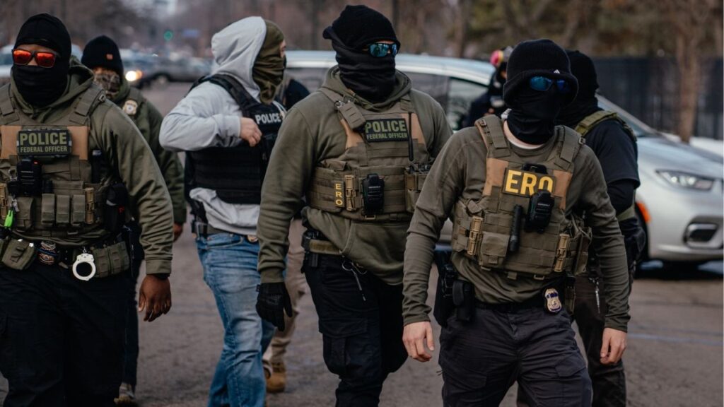 Federal agents in Minneapolis on Thursday, Feb. 5, 2026. Senate Democrats on Thursday, March 5, blocked for a third time a spending bill to reopen the Department of Homeland Security, insisting that they would not approve the measure without new curbs on immigration enforcement even amid President Trump’s war in Iran. (Jamie Kelter Davis/The New York Times)