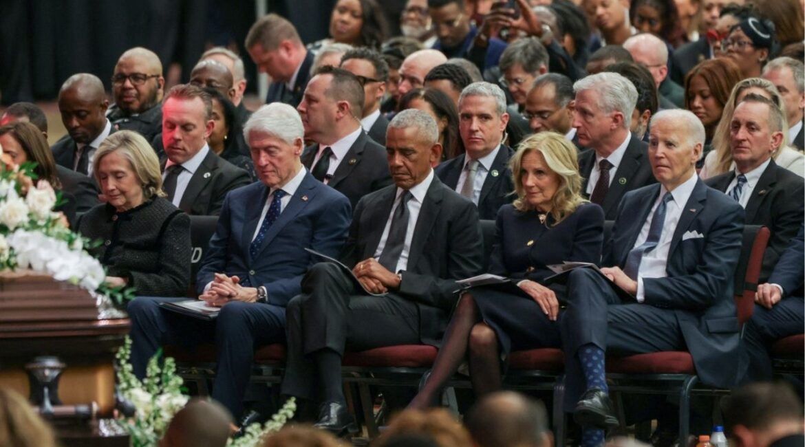 Former U.S. Presidents Joe Biden, Barack Obama and Bill Clinton, and former first ladies Jill Biden and Hillary Clinton, attend a memorial service to celebrate the life of the civil rights leader, Reverend Jesse Jackson, in Chicago, Illinois, U.S., March 6, 2026. (Reuters/Jim Vondruska)