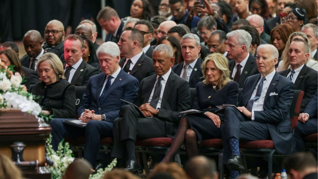 Former U.S. Presidents Joe Biden, Barack Obama and Bill Clinton, and former first ladies Jill Biden and Hillary Clinton, attend a memorial service to celebrate the life of the civil rights leader, Reverend Jesse Jackson, in Chicago, Illinois, U.S., March 6, 2026. (Reuters/Jim Vondruska)