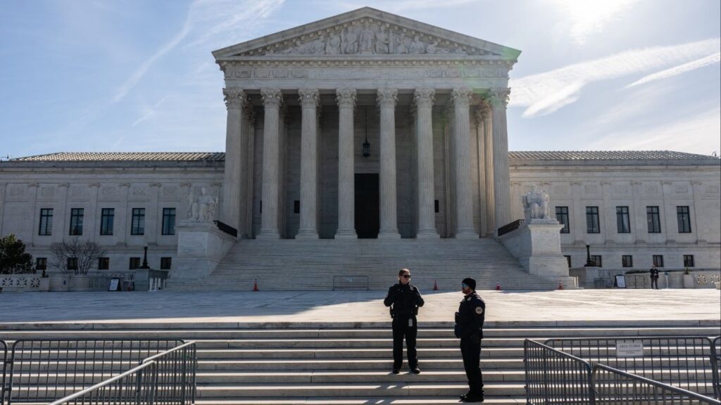 Guards outside the Supreme Court building in Washington, on Tuesday, March 24, 2026. Addressing a National Republican Congressional Committee event on March 25, President Donald Trump escalated his attacks on the judiciary, calling on Republican lawmakers to pass a crime bill that “cracks down on rogue judges.” (Eric Lee/The New York Times)