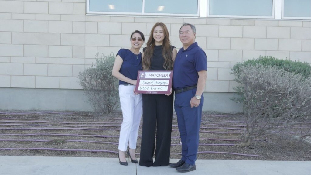 Hellen Hua (left), Courtney Hua (center), and Patrick Hua, pose in front of California Health Sciences University in Clovis on Friday's, March 20, 2026, Match Day. (GV WireJahziel Tello) (1)