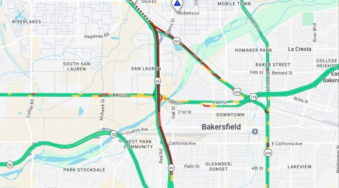 Highway 99 in Bakersfield is closed at Olive Drive due to police activity, with traffic diverted and no estimated time for reopening. (Caltrans)