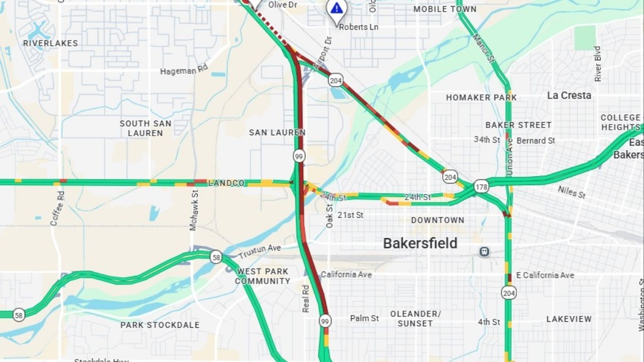 Highway 99 in Bakersfield is closed at Olive Drive due to police activity, with traffic diverted and no estimated time for reopening. (Caltrans)