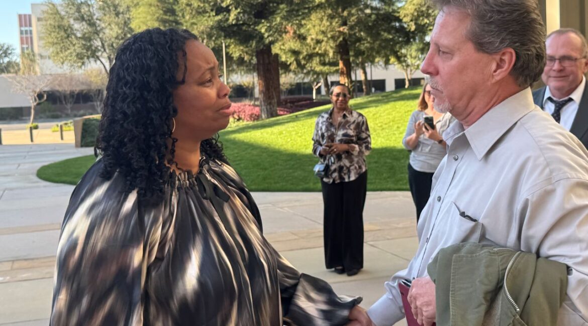 Image of La-Kebbia “Kiki” Wilson and Charles Smith outside the federal courthouse in Fresno