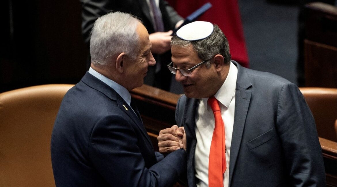 Israel Prime minister Benjamin Netanyahu and Itamar Ben Gvir shake hands as the Israeli government approve Netanyahu's proposal to reappoint Itamar Ben-Gvir as minister of National Security, in the Knesset, Israeli parliament in Jerusaelm, March 19, 2025 (Reuters/Oren Ben Hakoon)