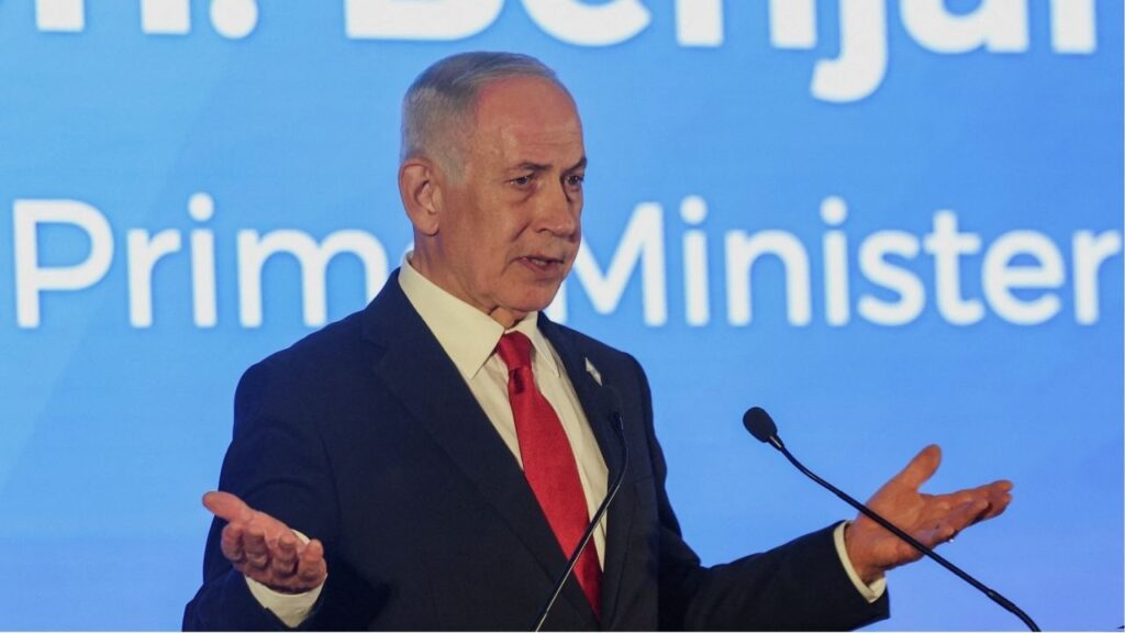 Israeli Prime Minister Benjamin Netanyahu gestures as he speaks during the Conference of Presidents of Major American Jewish Organisations, in Jerusalem, February 15, 2026. (Reuters/Ronen Zvulun)