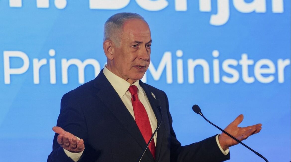 Israeli Prime Minister Benjamin Netanyahu gestures as he speaks during the Conference of Presidents of Major American Jewish Organisations, in Jerusalem, February 15, 2026. (Reuters/Ronen Zvulun)