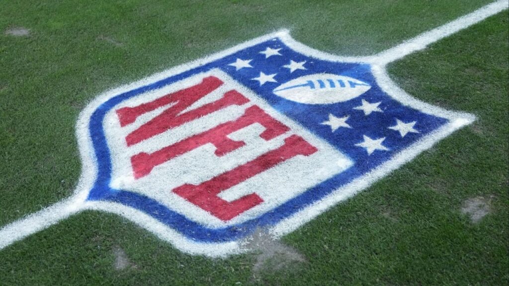 Jan 4, 2026; Paradise, Nevada, USA; The NFL shield logo on the field at Allegiant Stadium. Mandatory Credit: Kirby Lee-Imagn Images