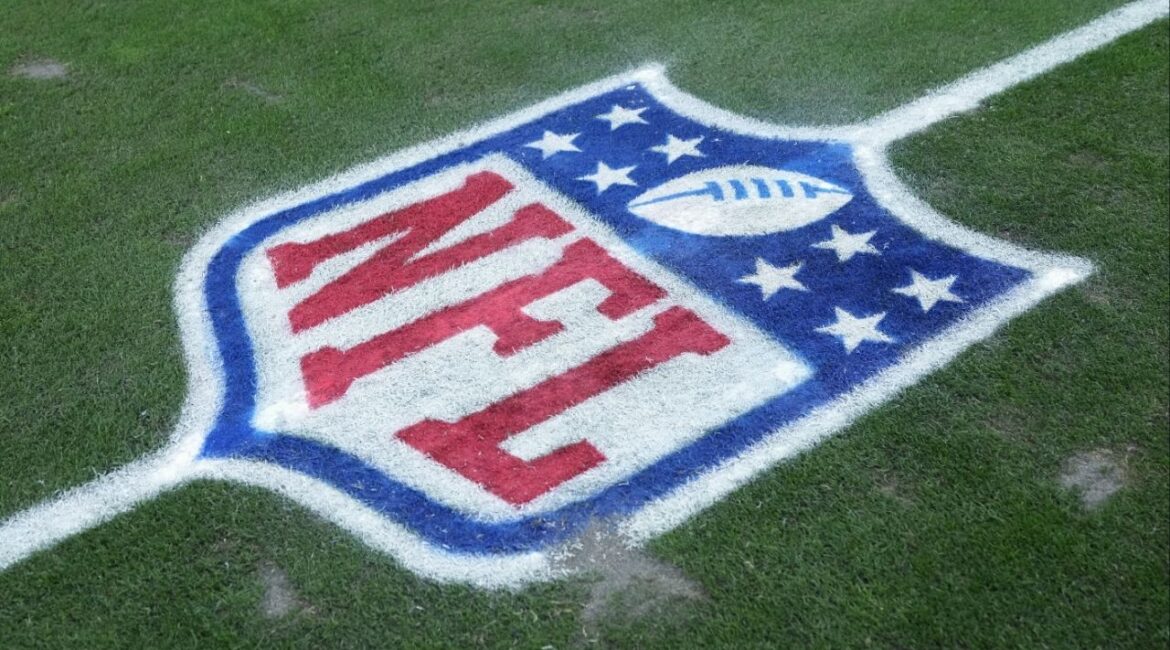 Jan 4, 2026; Paradise, Nevada, USA; The NFL shield logo on the field at Allegiant Stadium. Mandatory Credit: Kirby Lee-Imagn Images
