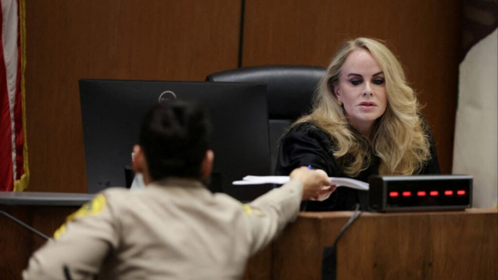 Judge Theresa McGonigle presides over the arraignment for Ivanna Lisette Ortiz, accused of firing shots at singer Rihanna's home in Los Angeles, California, U.S., March 10, 2026. (Reuters File)