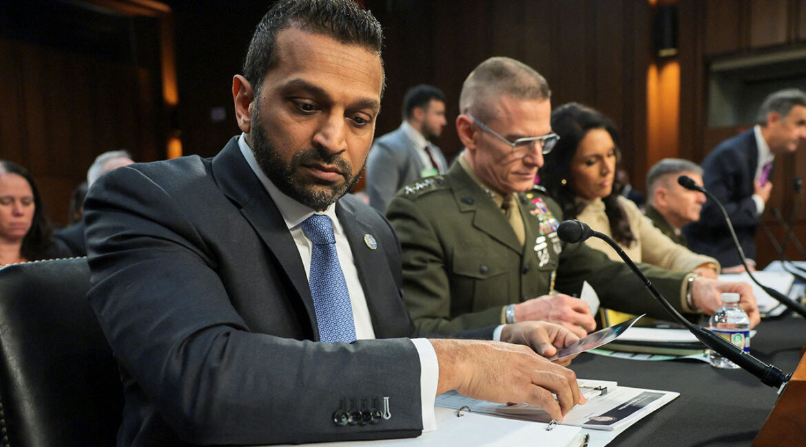 FBI Director Kash Patel, Defense Intelligence Agency (DIA) Director Lt. Gen. James Adams, Director of National Intelligence (DNI) Tulsi Gabbard, and Acting National Security Agency Director Lt. Gen. William Hartman attend a Senate Intelligence Committee hearing on Capitol Hill in Washington, D.C., U.S., March 18, 2026. (Reuters/Jonathan Ernst)