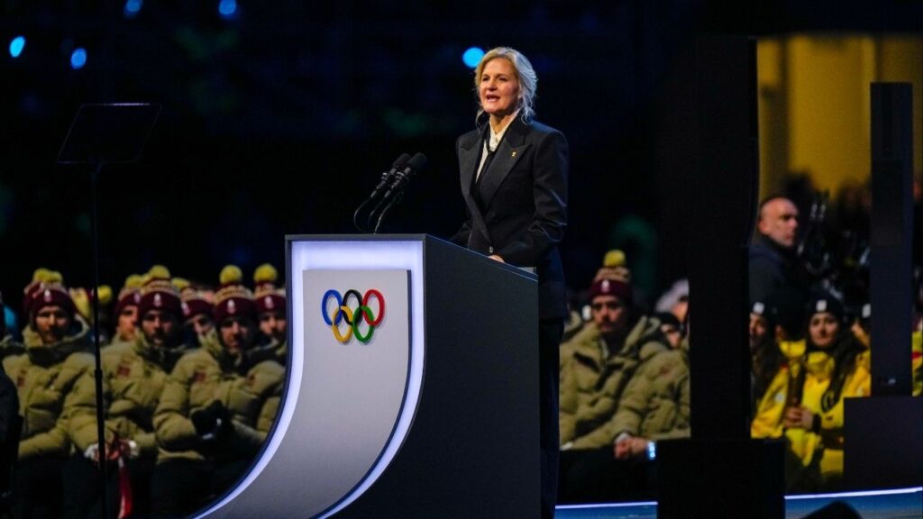 Kirsty Coventry, president of the International Olympic Committee, addresses the opening ceremony of the 2026 Milan Cortina Winter Olympics on Friday, Feb. 6, 2026. The IOC will ban transgender athletes from competing in the women’s category at the Olympics, it announced on Thursday, March 26. (Vincent Alban/The New York Times)