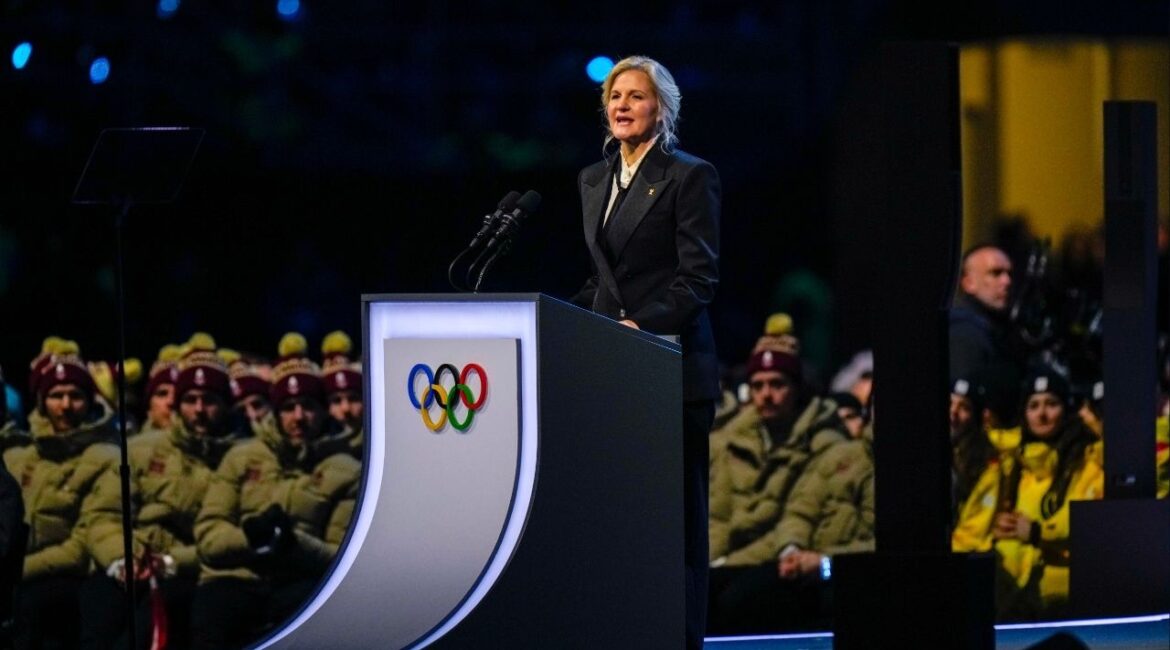 Kirsty Coventry, president of the International Olympic Committee, addresses the opening ceremony of the 2026 Milan Cortina Winter Olympics on Friday, Feb. 6, 2026. The IOC will ban transgender athletes from competing in the women’s category at the Olympics, it announced on Thursday, March 26. (Vincent Alban/The New York Times)