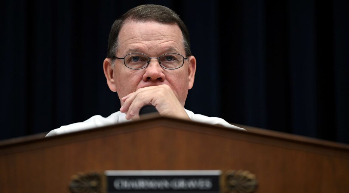 Image of Rep. Sam Graves peering over his microphone during a hearing