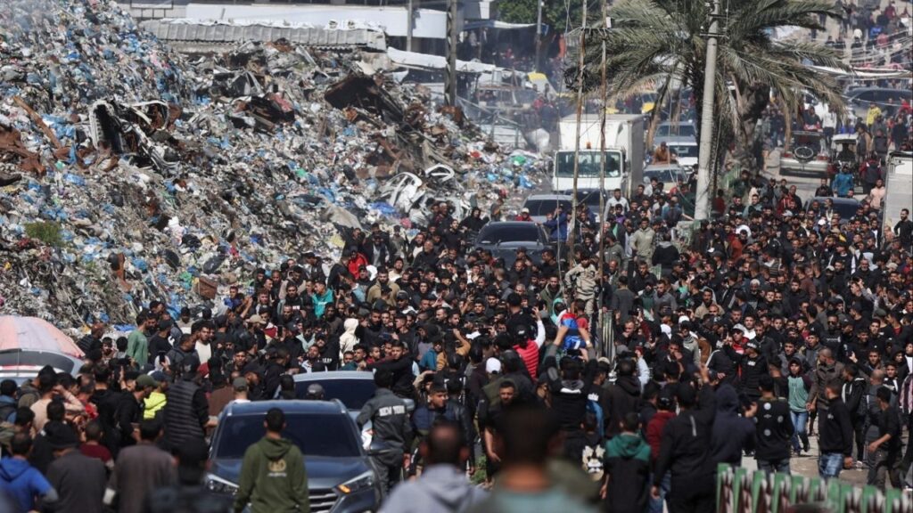 Mourners attend the funeral of Palestinians killed in an Israeli strike, according to medics, in Gaza City, March 28, 2026. REUTERS/Dawoud Abu Alkas