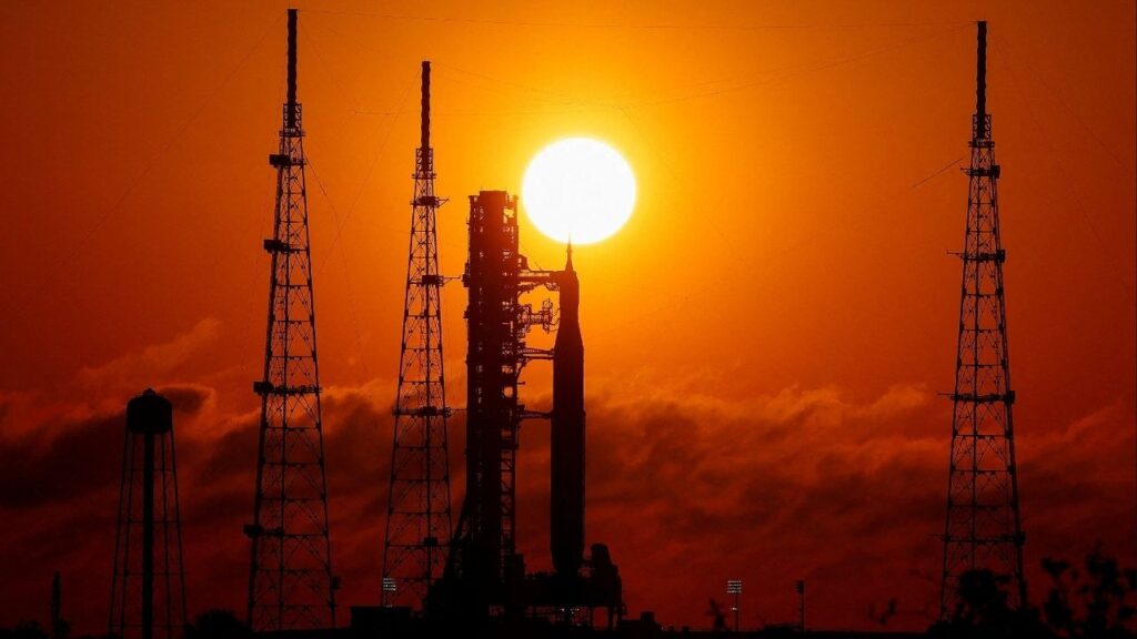 NASA's next-generation moon rocket, the Space Launch System (SLS) rocket with the Orion crew capsule, on launch pad 39B as the sun rises at the Kennedy Space Center in Cape Canaveral, Florida, U.S., March 24, 2026. (Reuters/Joe Skipper)