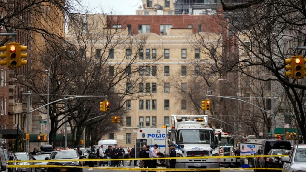 New York Police Department bomb squad officers near Gracie Mansion, the official residence of Mayor Zohran Mamdani, in Manhattan on Sunday, March 8, 2026. The sight of a man igniting a homemade bomb then hurling it into a crowd of protesters stunned people in New York City, where no one has attempted to use an explosive device in a public place for nine years. (Vincent Alban/The New York Times)