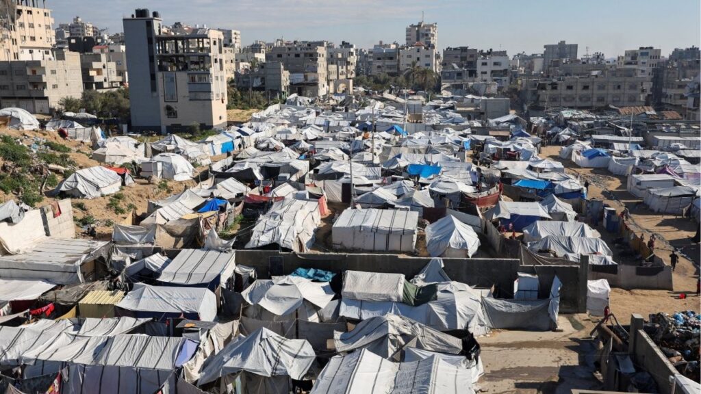 Palestinians displaced during the two-year Israeli offensive, shelter at a tent camp in Gaza City, March 1, 2026. (Reuters/Dawoud Abu Alkas)