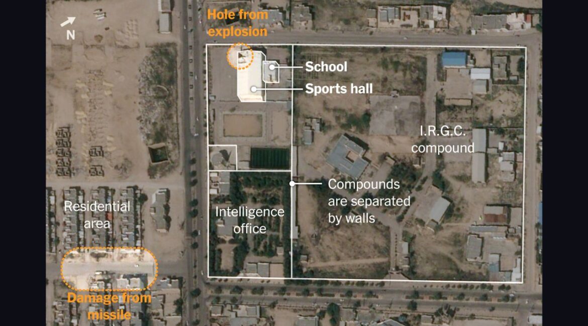 A satellite image provided by Airbus and annotated by The New York Times shows a sports hall and adjacent elementary school in Lamerd, Iran, as well as an Islamic Revolutionary Guards Corps compound nearby, on March 9, 2026. On the first day of the war with Iran, a weapon bearing the hallmarks of a newly developed U.S.-made ballistic missile was used in an attack that struck the sports hall and school near the military facility in southern Iran, according to weapons experts and a visual analysis by The New York Times. (Airbus via The New York Times)