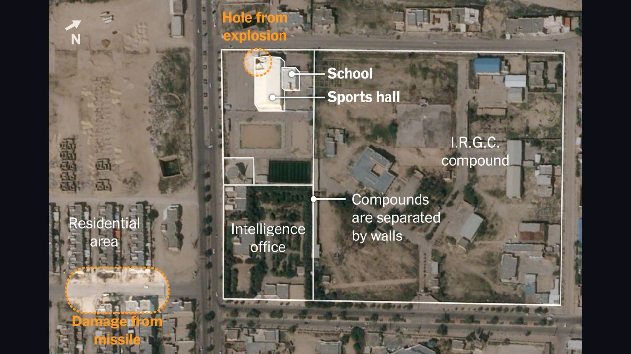 A satellite image provided by Airbus and annotated by The New York Times shows a sports hall and adjacent elementary school in Lamerd, Iran, as well as an Islamic Revolutionary Guards Corps compound nearby, on March 9, 2026. On the first day of the war with Iran, a weapon bearing the hallmarks of a newly developed U.S.-made ballistic missile was used in an attack that struck the sports hall and school near the military facility in southern Iran, according to weapons experts and a visual analysis by The New York Times. (Airbus via The New York Times)