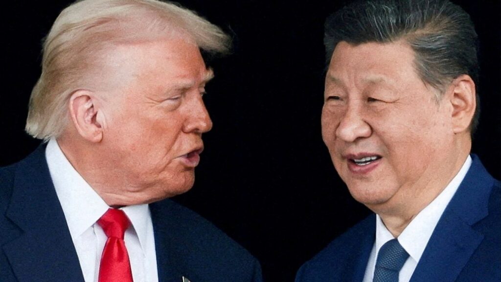 President Donald Trump and Chinese President Xi Jinping talk as they leave after a bilateral meeting at Gimhae International Airport, on the sidelines of the Asia-Pacific Economic Cooperation (APEC) summit, in Busan, South Korea, October 30, 2025. (Reuters File)
