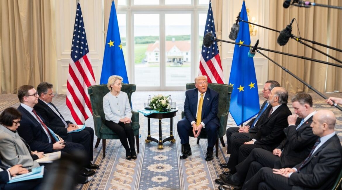 President Donald Trump and Ursula von der Leyen, president of the European Commission, meet at Trump Turnberry, his hotel and golf resort in Turnberry, Scotland, July 27, 2025. The European Parliament on March 26, 2026 signed off on major provisions of the trade deal that the United States and the bloc struck last year. (Tierney L. Cross/The New York Times)