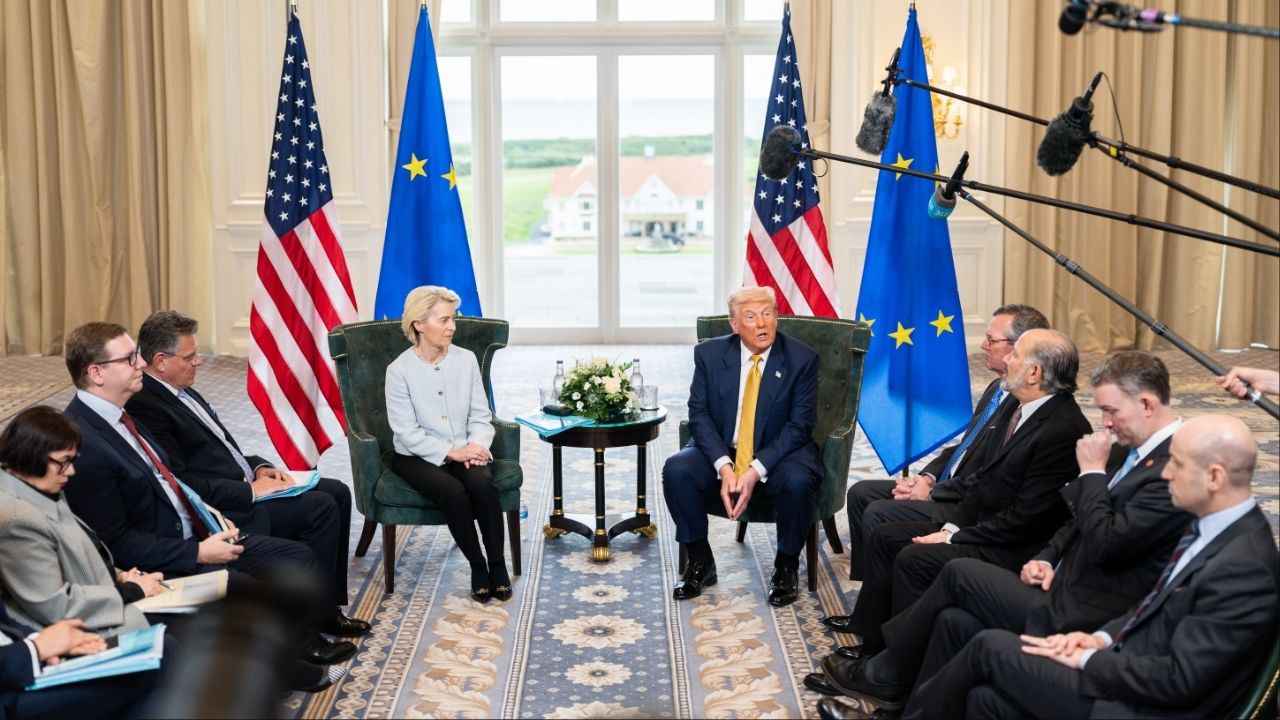 President Donald Trump and Ursula von der Leyen, president of the European Commission, meet at Trump Turnberry, his hotel and golf resort in Turnberry, Scotland, July 27, 2025. The European Parliament on March 26, 2026 signed off on major provisions of the trade deal that the United States and the bloc struck last year. (Tierney L. Cross/The New York Times)