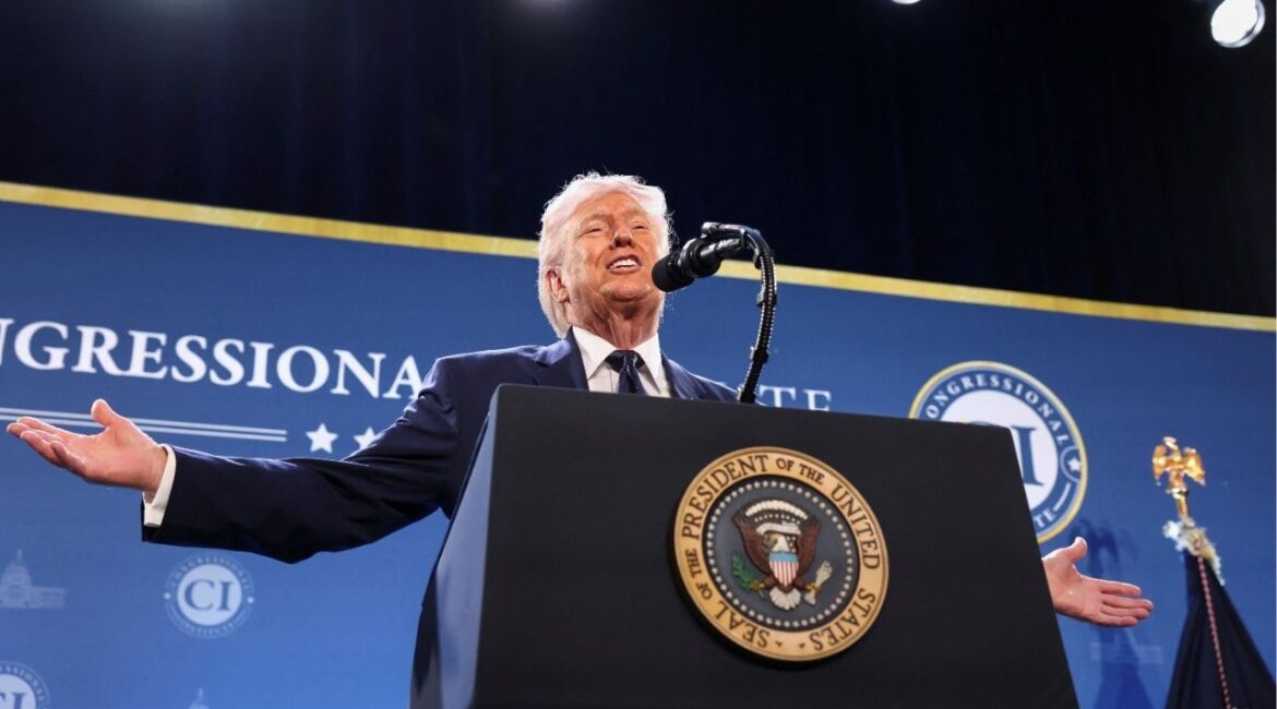 President Donald Trump delivers remarks to members of the Republican Party, at Trump National Doral Miami in Miami, Florida, U.S., March 9, 2026. (Reuters/Kevin Lamarque)
