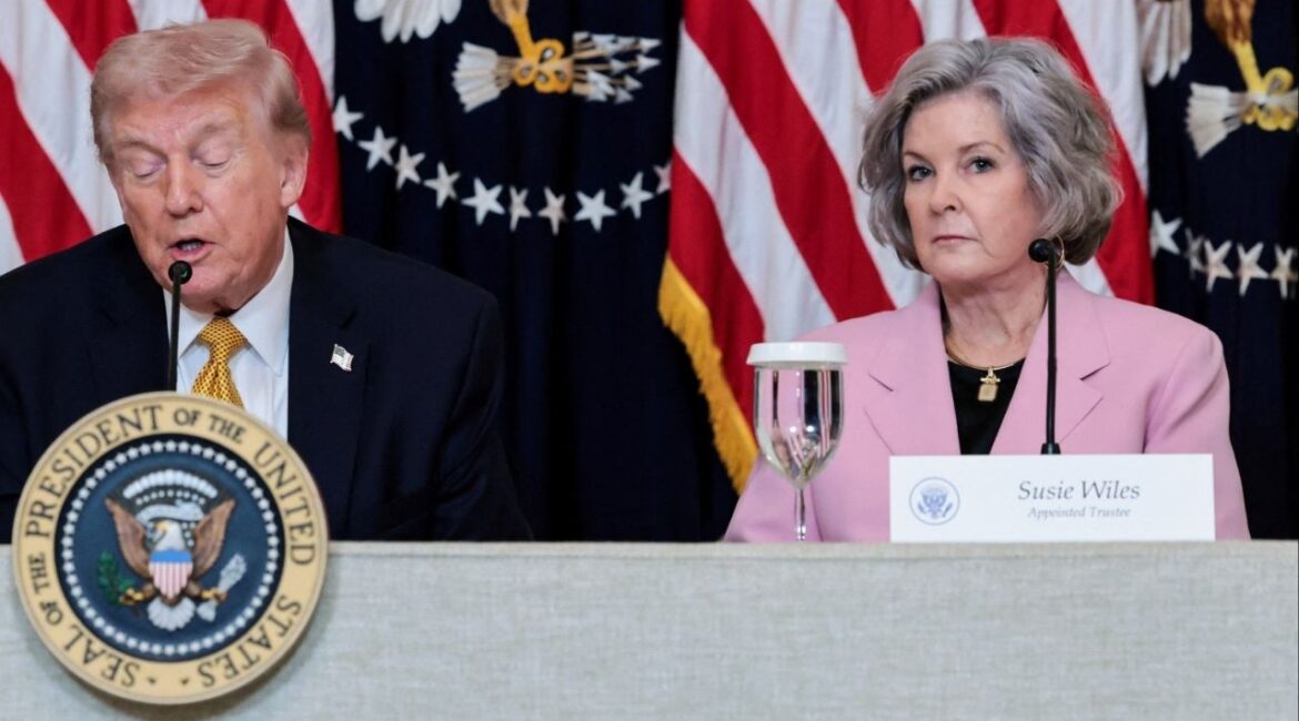 President Donald Trump, flanked by White House chief of staff Susie Wiles, speaks during a lunch with the Kennedy Center board members in the East Room of the White House in Washington, D.C., U.S., March 16, 2026. (Reuters/Jonathan Ernst)