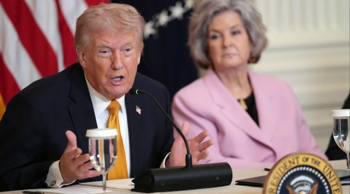 President Donald Trump speaks at a news conference about planned renovations at the John F. Kennedy Center for the Performing Arts in Washington on Monday, March 16, 2026. Looking on at right is Susie Wiles, the White House chief of staff. (Doug Mills/The New York Times)