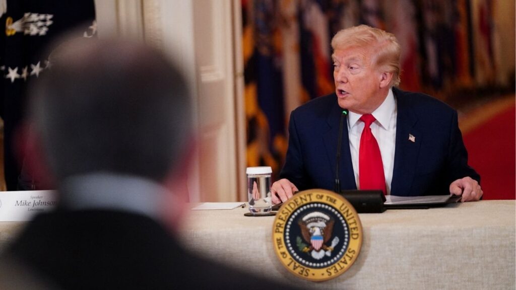 President Donald Trump speaks during a round table on collegiate sports in the White House in Washington, D.C., March 6, 2026. (Reuters/Nathan Howard)