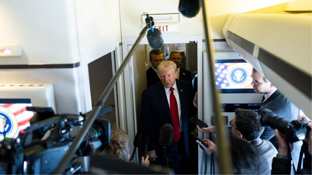 President Donald Trump speaks to reporters aboard Air Force One, March 7, 2026. Now 11 days into an expanding military campaign on Iran, President Trump and his officials have given conflicting indications on when the United States intends to end the war. (Tierney L. Cross/The New York Times)