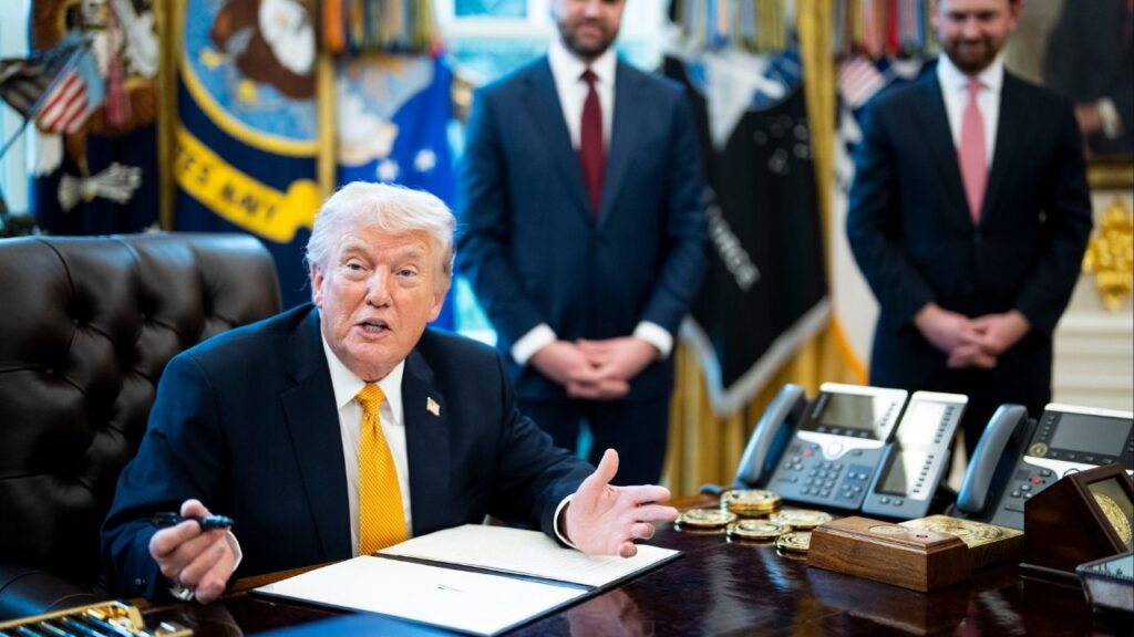 President Donald Trump speaks to reporters in the Oval Office on Monday, March 16, 2026, as Vice President JD Vance looks on. Still at war with Iran and in control in Venezuela, President Trump is signaling that he is about to intervene in another country. (Doug Mills/The New York Times)