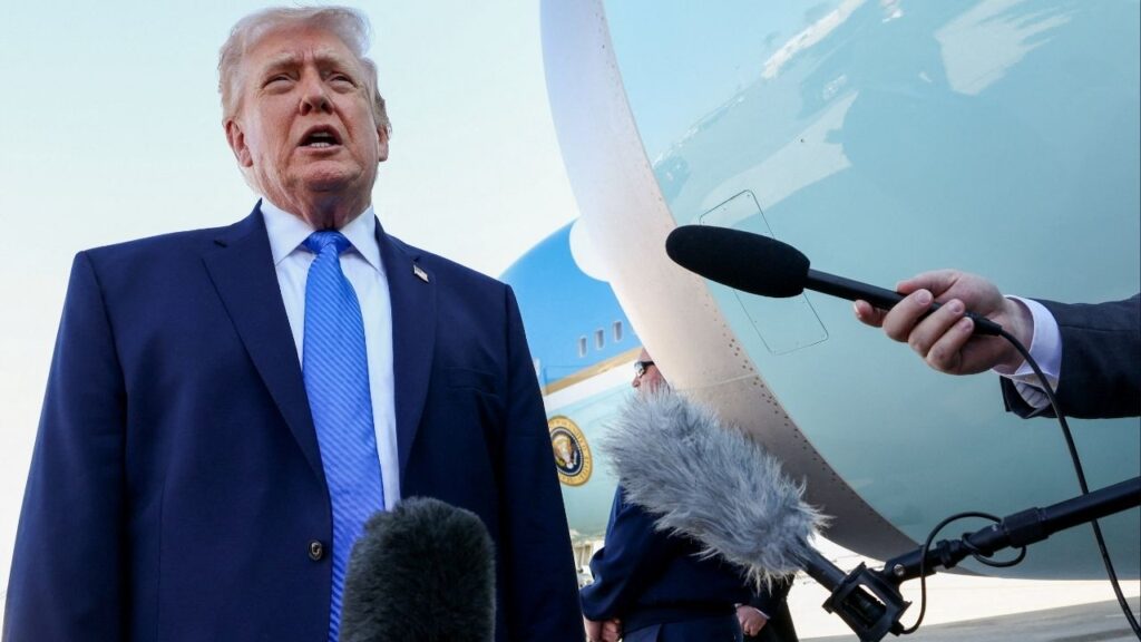 President Donald Trump speaks to the media before departing Palm Beach International Airport aboard Air Force One, in West Palm Beach, Florida, U.S., March 23, 2026. (Reuters/Kevin Lamarque)