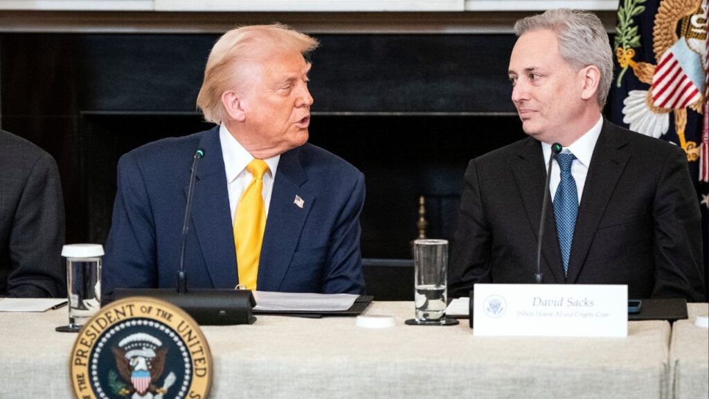 President Donald Trump with David Sacks, his administration’s artificial intelligence and crypto czar, during a round-table event in the White House on March 7, 2025. The Trump administration on Friday, March 20, 2026, released new guidelines for federal legislation on AI technology, recommending some safeguards for children and consumer protections for energy costs. (Haiyun Jiang/The New York Times)