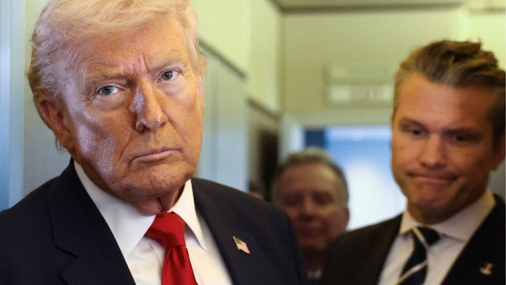 President Donald Trump, with Secretary of Defense Pete Hegseth at his side, looks on as he speaks to reporters aboard Air Force One on a flight from Dover, Delaware, to Miami, Florida, U.S., March 7, 2026. (Reuters/Kevin Lamarque)President Donald Trump, with Secretary of Defense Pete Hegseth at his side, looks on as he speaks to reporters aboard Air Force One on a flight from Dover, Delaware, to Miami, Florida, U.S., March 7, 2026. (Reuters/Kevin Lamarque)