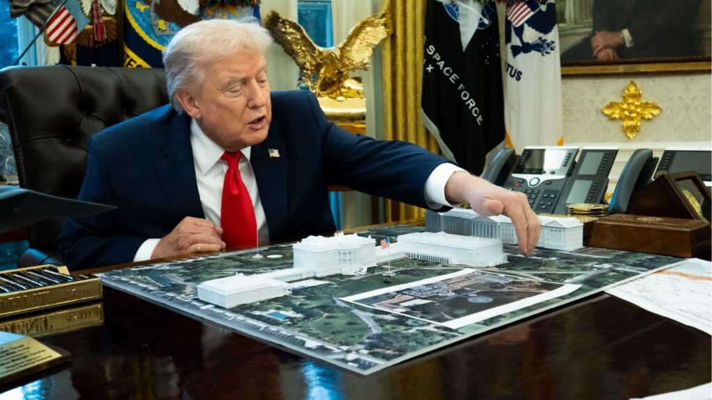 President Donald Trump with a model of his proposed ballroom, in the Oval Office of the White House in Washington, Dec. 12, 2025. The National Capital Planning Commission on Thursday delayed its final vote on President Trump’s planned $400 million White House ballroom amid a deluge of negative comments from the public.(Doug Mills/The New York Times)