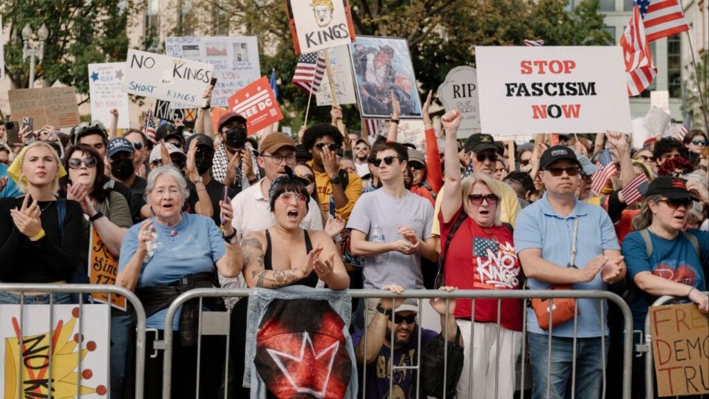 Protesters at a “No Kings” demonstration in Washington, Oct. 18, 2025. Thousands of demonstrations against the Trump administration are scheduled to take place in cities and towns across the country on Saturday, March 28. (Caroline Gutman/The New York Times)