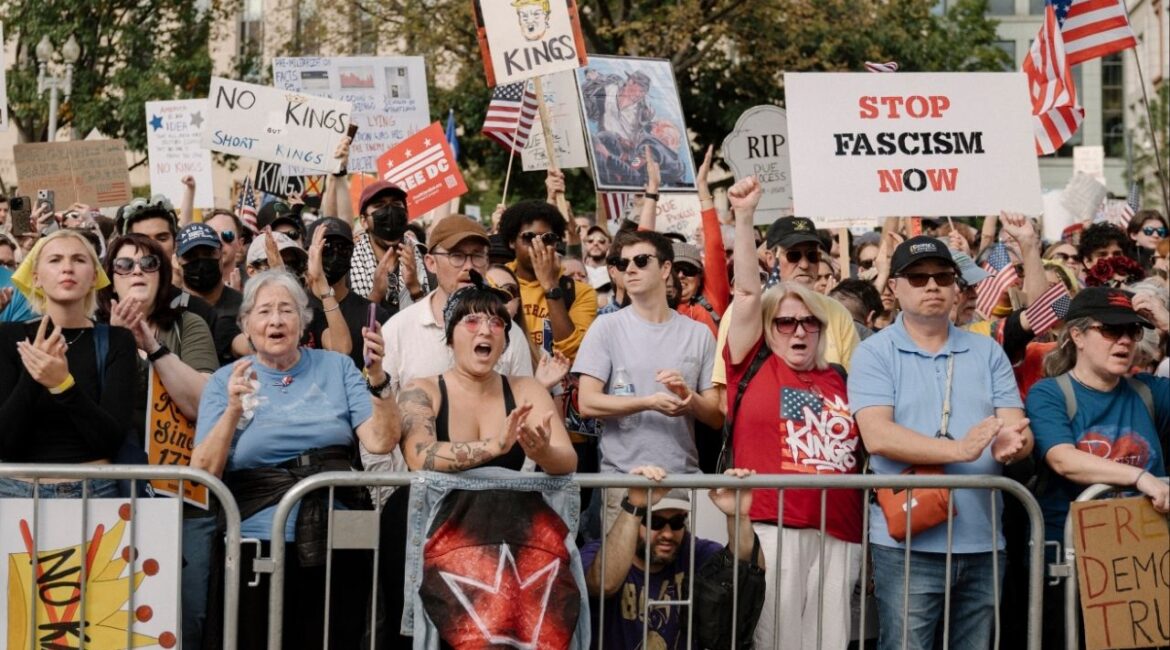 Protesters at a “No Kings” demonstration in Washington, Oct. 18, 2025. Thousands of demonstrations against the Trump administration are scheduled to take place in cities and towns across the country on Saturday, March 28. (Caroline Gutman/The New York Times)